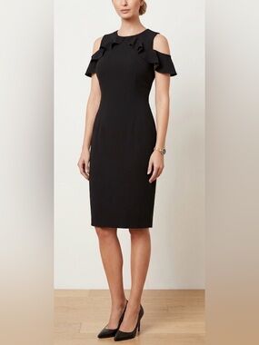 Ivanka Trump Black Cold Shoulder Ruffle-Trim Midi Dress Size 6